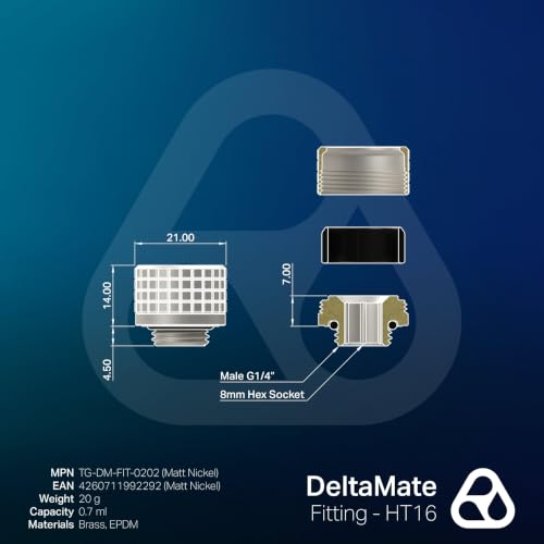 Image of Thermal Grizzly - DeltaMate - HT16 - Hard Tube Fitting - Matt Nickel - CNC-machined brass - G1 /4 inch thread, OD 16mm - for rigid plastic /metal tubing in water-cooling systems