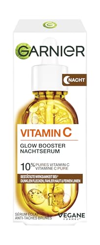 Garnier SkinActive Vitamina C Glow Booster Suero Nocturno 10% Puro Vitamina C & Ácido Hialurónico para una piel radiante y suave, regenera durante el sueño, suaviza las líneas y manchas pigmentadas