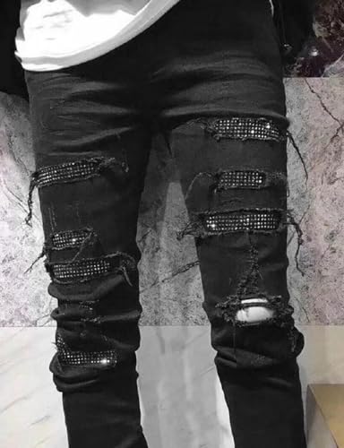Generic Black Mens Crystals Patchwork Jeans Skinny Stretch Slim Distressed Ripped Rhinestone Stacked Knee Holes Pant3