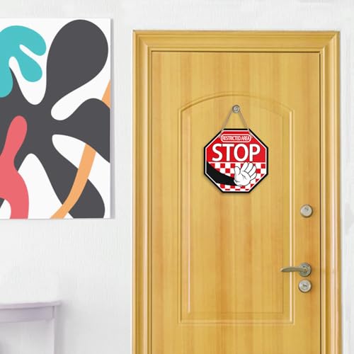Image of Deroro Restricted Area Stop Front Door Sign, Red Octagon Warning Notice Sign Wood Door Hanger Outdoor Outside Decor, Wooden Wreath Indoor Home Office Business Wall Hanging Decoration