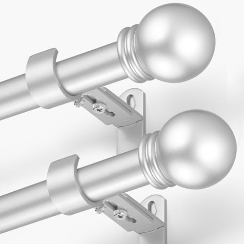 Curtain Rods for Windows 16 to 150 Inches, Curtain Rod Max Adjustable Length of 160 IN, 6/8" Diameter Drapery Rods Round Finials, Satin Silver, Pack of 2