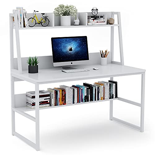 Tribesigns Computer Desk With Hutch, 47 Inches Home Office Desk With Space Saving Design With Bookshelf For Small Spaces(Engineered Wood, White&White) - Image 4