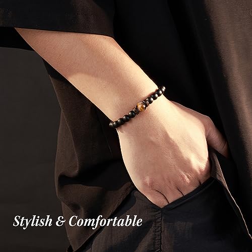 Seyaa Double Protection Natural Stone Bracelet for Men Teen Boys, Tiger Eye Black Onyx 8mm Handmade Bead Bracelet Crystal Bracelet Bring Luck3