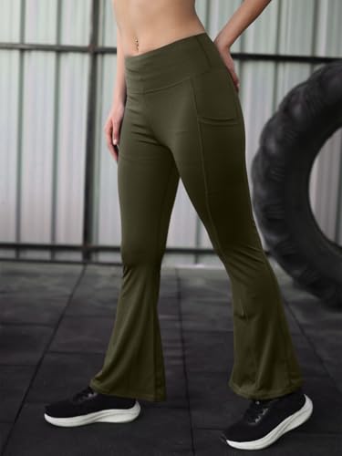 Image of CHKOKKO Gym Pants for Women Workout High Waist Flared Yoga Pants for Woman with Side Pocket Quick Dry Body Fit Stretchable Sports Leggings Trousers Activewear Lower