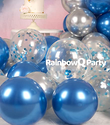 Image of Metallic Shiny Blue and Silver Balloons 12 Inch 67PCS Silver Blue Confetti Balloons Latex Helium Balloon Set for Graduation Wedding Birthday Party Decorations