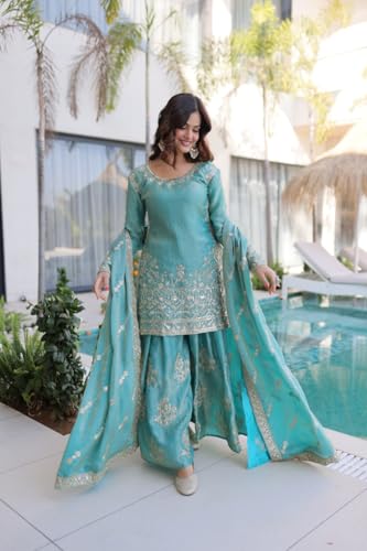 Image of Women's Embroidered Kurta Sharara Set with Dupatta | Designer Indian Ethnic Suit | Festive, Wedding, Engagement & Party Outfit for Women