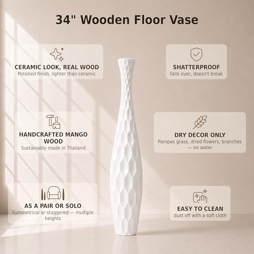 Image of Leewadee Large Floor Vase 34 inches Mango Wood for Pampas Grass, Dried Flowers