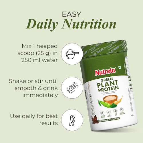 Image of Nutrela Green Plant protein Powder - 500g (Chocolate) | Brown Rice & Pea with Multivitamins & Minerals
