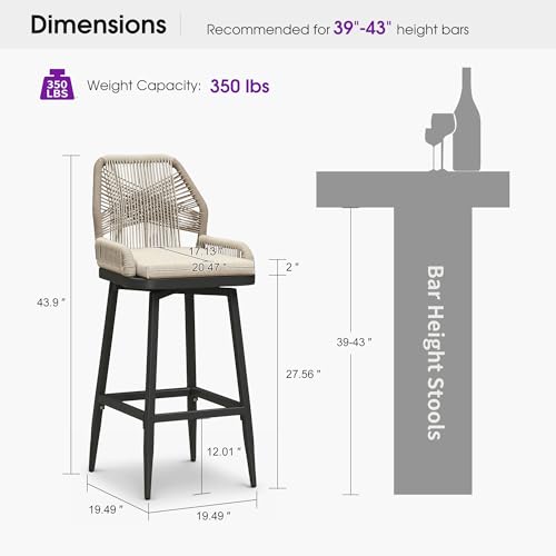 Image of PURPLE LEAF Outdoor Swivel Bar Height Stools Set of 2 Patio 360 Rotating All-Weather Wicker High Top Stools with Back and Cushion for Outside Backyard Kitchen Bistro Garden, Dark Grey