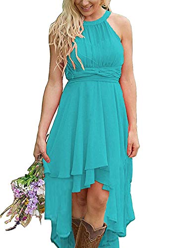 Country High Low Halter Chiffon Bridesmaid Dress Western Wedding Party Guest Dress Turquoise 14