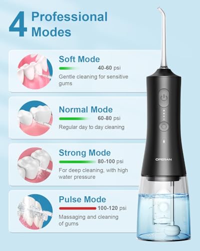 Image of OPERAN Water Flossers for Teeth, Cordless Portable Water Flossers for Adults Braces, IPX7 Waterproof with 4 Modes, 4 Professional Nozzles, 300ml Tank & 21 Days Runtime for Travel, Black, 1Pack
