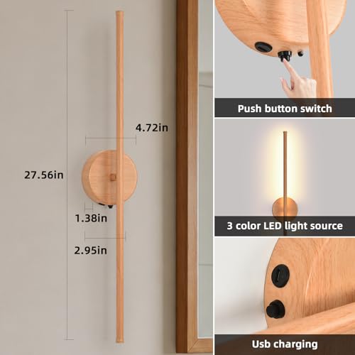 Image of Wall Sconces Battery Operated Set of Two, Faux Wood Texture Finish Wall Lights with Remote Control 350 Rotate, 27.6 Inch Dimmable USB Rechargeable Wall Lamp for Living Room Bedroom Hallway