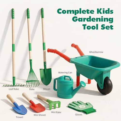 Image of CUTE STONE Kids Gardening Set with Wheelbarrow, Kids Shovel and Rake Set | Dual-length Gardening Tools( Wood Handles & Metal Heads), Watering Can, Gloves for Backyard Outdoor Summer Play