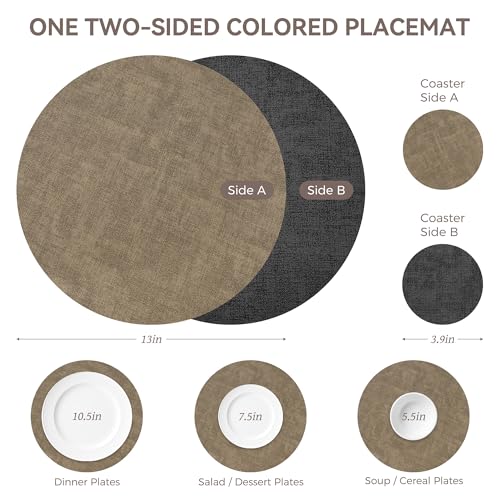Image of 13 inch Round Placemats Set of 6, NCUE Dual-Sided Faux Leather Heat Resistant Table Mats, Waterproof Oilproof Washable Protective Table Placemats with Coaster, Wipeable Vinyl for Indoor & Outdoor Use