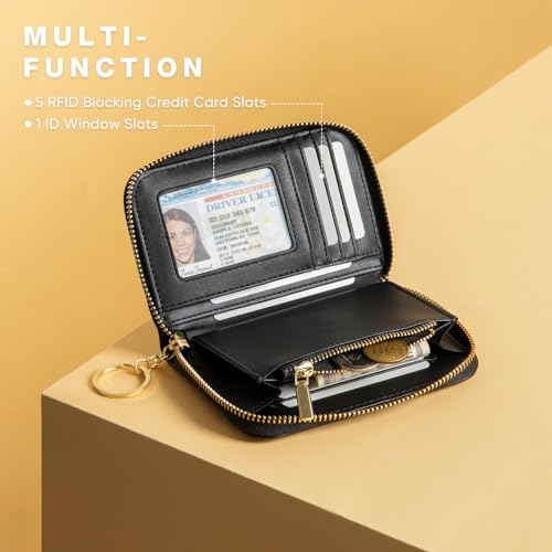 Wallet Women Zipper Bifold Small Leather Card Holder Wallet RFID Blocking with ID Window and Coin Pocket Black2
