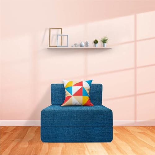 Image of Starlon 1 Seater Sofa Cum Bed Foldable 3-in-1 Sofa Bed with 1 Year Warranty, Washable Jute Fabric Cover & 1 Geometrical Pillows | Aqua Teal 3x6 Ft