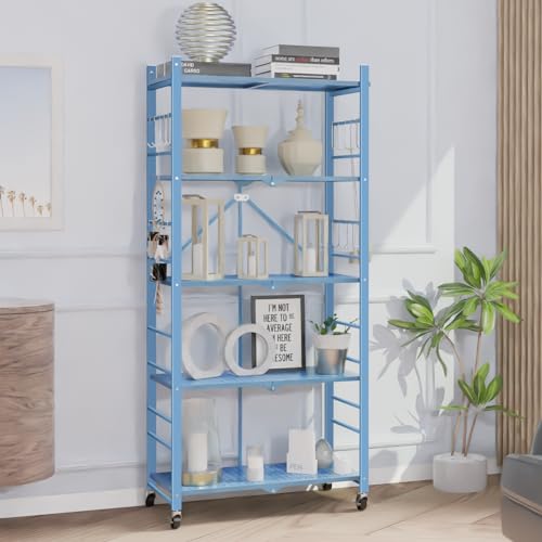 Image of Himix 5-Tier Foldable Storage Shelves with 20 Hooks Wheels Garage Blue