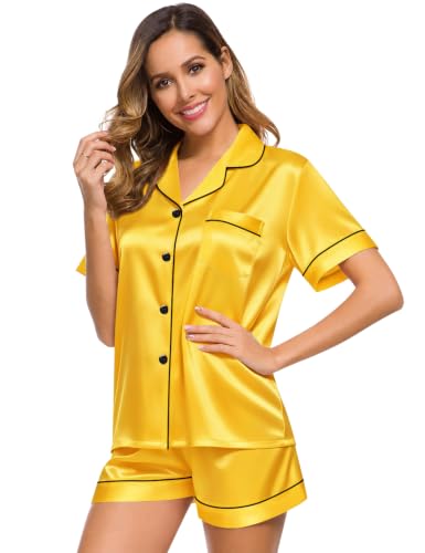 Image of SWOMOG Womens Silk Satin Pajamas Set Short Sleeve Sleepwear Button Down Top and Shorts Loungewear 2 Piece Pjs Set XS-3XL