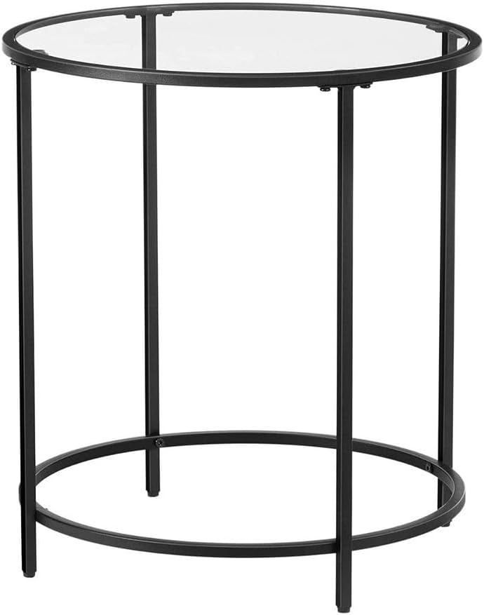 VASAGLE Round Side Table, Glass End Table with Metal Frame, Black Coffee Table with
