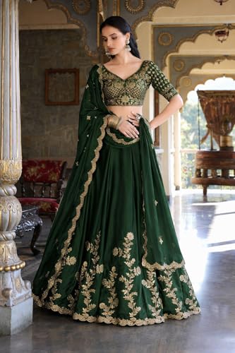 Image of piludi Women's Embroidered Lehenga Choli with Dupatta | Heavy Floral Zari Work Semi-Stitched Lehenga Set