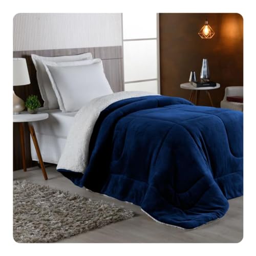 Coberdrom Edredom Solteiro Sherpa Pele de Carneiro Dupla Face (Azul Marinho)