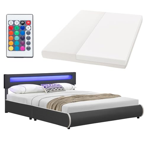 Juskys Polsterbett Sevilla 180x200 cm mit Matratze, LED Beleuchtung, Lattenrost & Kopfteil - Holz & Kunstleder - 16 Farbeinstellungen & Fernbedienung - Bett Bettgestell Doppelbett - Grau
