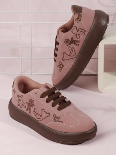 Image of TRYME Women's Stylish Platform Sneakers | Cute Teddy Bear Lace-Up Shoes Trendy Casual Footwear