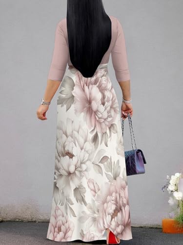 Image of SUZONANA Plus Size Dresses for Women Floral Print Maxi Dress Flowy 3 /4 Sleeve with Belt