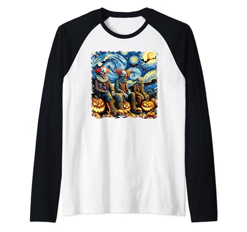 Van Gogh Noche estrellada payasos aterradores Halloween otoño calabaza Camiseta Manga Raglan