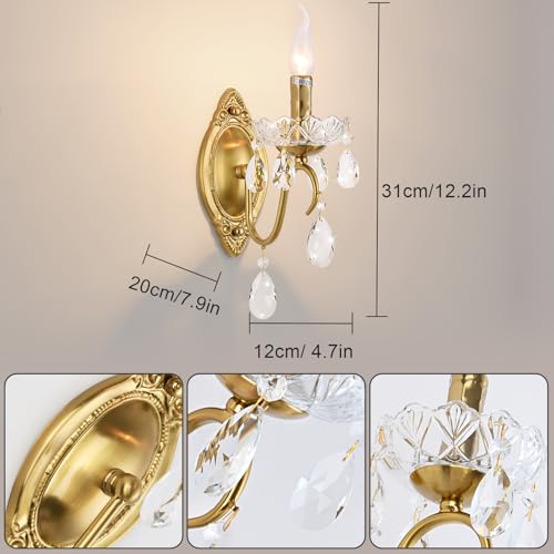 Image of Crystal Wall sconces Set of Two, Gold sconces Wall Set of 2, Vintage Crystal Wall Light, Candelabra Wall Sconce Light Fixture, Gold Brass Finish, 1-Light with Glass Drops