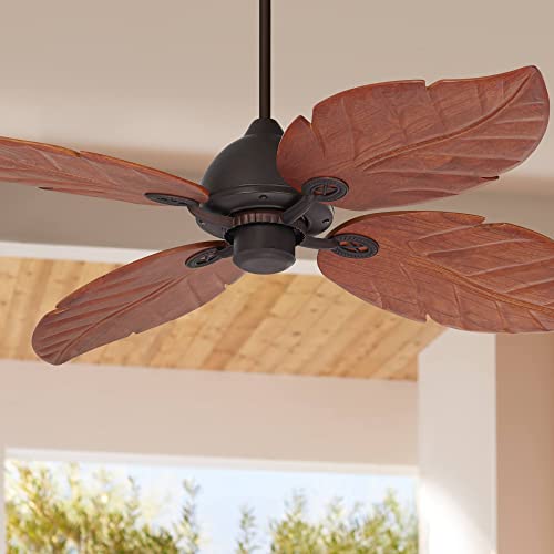 Casa Vieja 60" Oak Creek Tropical Rustic Country Cottage Large Indoor Outdoor Ceiling Fan Oil Rubbed Bronze Brown Walnut Wood Leaves Damp Rated for Patio Exterior House Porch Gazebo Garage Barn