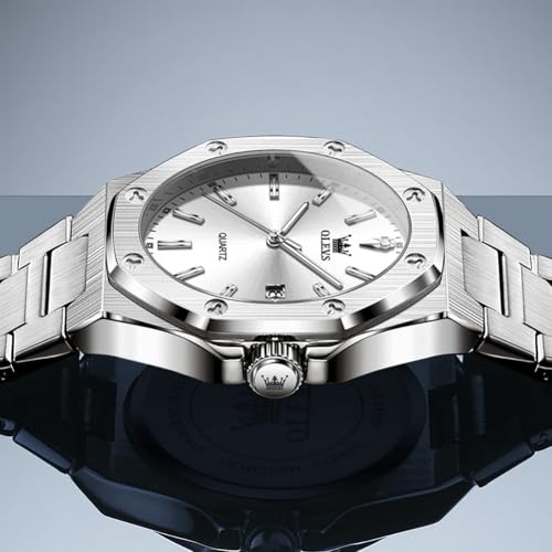 OLEVS Mens Watches,Silver Watches for Men,Mens Silver Watch Stainless Steel Business Dress Wrist Watch for Man Large Dial Relojes para Hombres Waterproof Analog Quartz Casual Wristwatch with Date — view 6