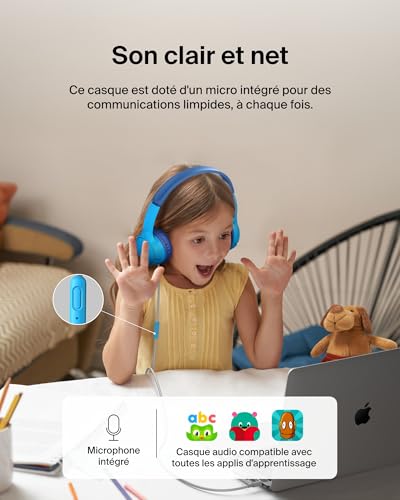 Belkin SoundForm Mini Casque Audio Enfant Filaire avec connecteurs USB-C et 3,5 mm, Micro et Autocollants, Volume de 85dB Max., pour apprentissages en Ligne, Voyages, iPhone, iPad, Galaxy, etc - Bleu