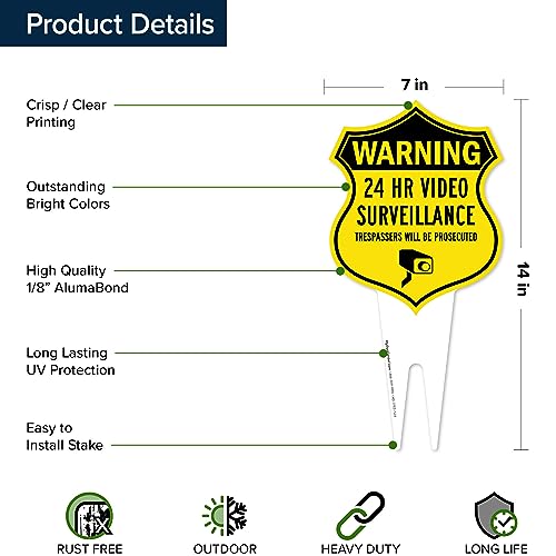 Image of Warning, 24 Hr Video Surveillance Sign, 7x13, Heavy Duty Integrated Ground Stakes, Indoor /Outdoor Use, Rust Free Aluminum Composite, Made in USA by My Sign center