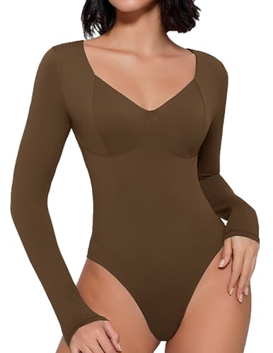 Image of Avidlove Bodysuit for Women Long Sleeve Double Lined Tank Top V Neck Bodysuit Tummy Control Shapewear