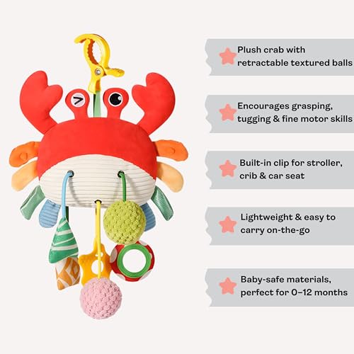 Image of Crab Plush Stroller Toy - Hanging Toys for Babies 0-6 Months, Sensory Rattle & Tummy Time Toys, Developmental Baby Toys for 3 to 12 Month Old