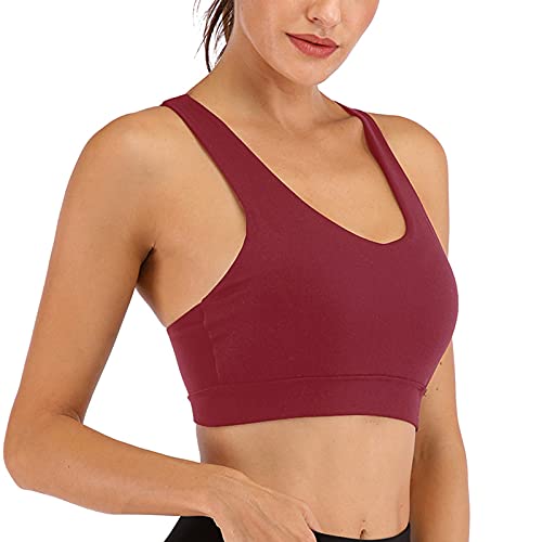 Image of Sports Bras for Women High Impact Support for Yoga Gym Running Workout Fitness Strappy Sports Bra with Padded Removable Cups, Wine Red, Small