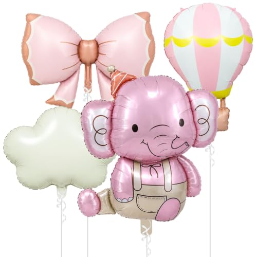 Image of Rozi Decoration Pink Elephant Foil Balloon Set for Kids Birthday Decorations, 4 Pcs Elephant, Bow, Hot Air Balloon & Cloud Foil Balloons for First Birthday, Naming Ceremony, Welcome Party Decor