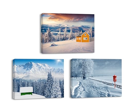 Piy Painting Impression sur Toile d’Paysage Enneigé, Neige, Montagne, Tableau sur toile Hiver Decoration Murale pour Salle de Bain Corridor Café, 3 Panneaux 40x30cm, Cadre Intérieur en bois