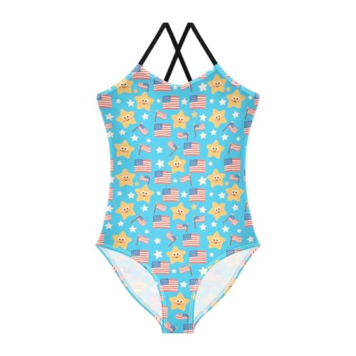 senya Girls Swimsuits One-Piece Swimwear Tie Bathing Suit Beach Summer Round Neck 7-8T Cartoon American Flag Stars Pattern