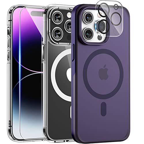 TAURI [5 in 1 Matt Magnetisch für iPhone 14 Pro Max Hülle [Kompatibel mit MagSafe] mit 2 Schutzfolie + 2 Kamera Glasfolie für Kameraschutz, Durchscheinende Matte Militärschutz Hülle - Transparent Cover