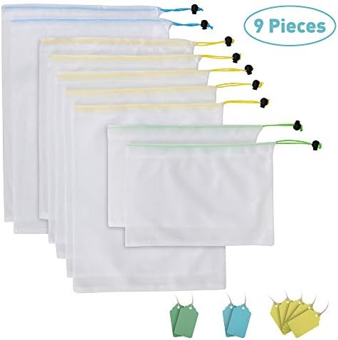 SHINEURI Storage Bag Set of 9 Reuse Mesh Produce Bags with Drawstring & Secure Lock Color Card Light Weight Washable Space - saving See-through Storage (2 Large 5 Medium &2 Small)