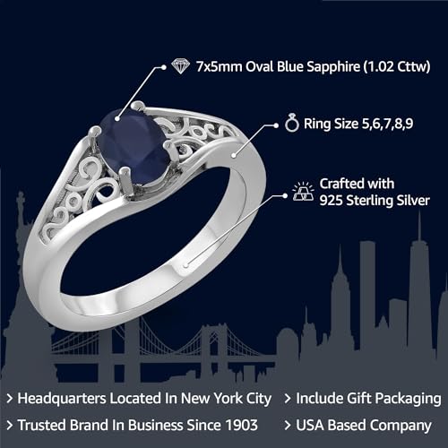 Gem Stone King 1.02 Cttw Blue Sapphire Engagement Ring for Women | 925 Sterling Silver | Gemstone Birthstone | Wedding Engagement Anniversary Promise Ring For Women | Available In Size 5-92