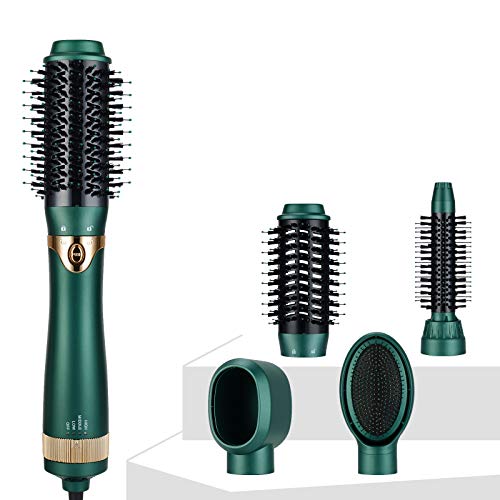 Hair Dryer Brush, Interchangeable Brush Head Hot Air Brushe Set, 4 in 1 Hair Dryer and Volumize with Negative Ion Reduce Frizz and Statics for Curling, Drying and Straightening (Green 1)