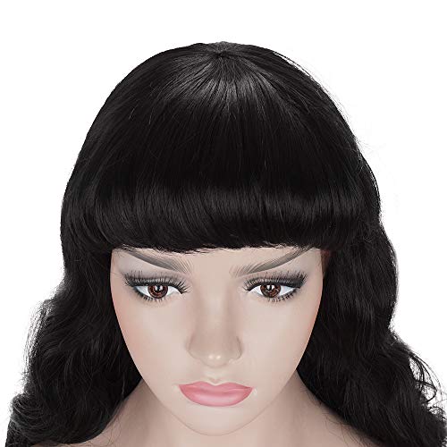 Morvally 50S Vintage Medium Length Black Wigs With Bangs | Natural Wavy Synthetic Hair Wig For Women Cosplay Halloween #TOP4