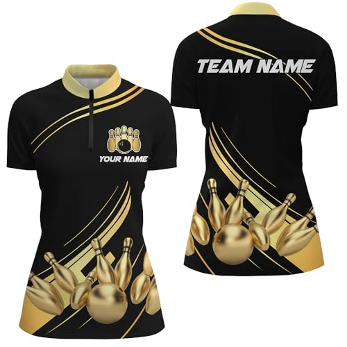 Black and Gold Bowling Shirt for Men and Women - Custom Jersey Polo & Quarter-Zip Team Shirt