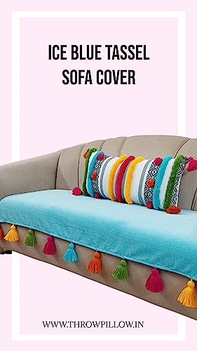 Image of Blue Sofa Cover Multicoloured Tassels: Sofa Slipcover: Thick Fabric, Scratch Resistant, Stylish & Functional: Seat & Front Back Protection -Set of 3 Covers- 4 Seater Sofa Cover Set (2+1+1 Seater)