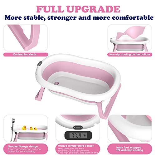 Foldable Baby Bathtub, 4-in-1 Collapsible Baby Tub for Infant to Toddler with Newborn Soft Cushion, Temperature Sensor and Waterproof Ear Cap