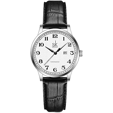 Reloj de Mujer SHENGKE SK Clásico de Acero Inoxidable con Calendario (Rosegold-Leather) Cover
