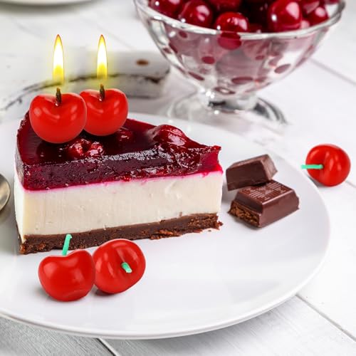 Image of Conelist 15 Pcs Cherry Shaped Birthday Cake Toppers Decor, Red | Cute Fruit Shaped Candles Mini Cherry Cake Decorations Party Favors Soy Wax Cupcake Toppers for Wedding Dessert Table Gifts